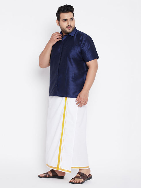 Vastramay Men's Plus Size Navy Blue And White Silk Blend Shirt And Mundu Set