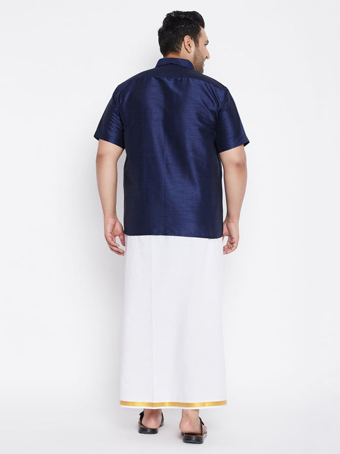 Vastramay Men's Plus Size Navy Blue And White Silk Blend Shirt And Mundu Set