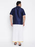 Vastramay Men's Plus Size Navy Blue And White Silk Blend Shirt And Mundu Set