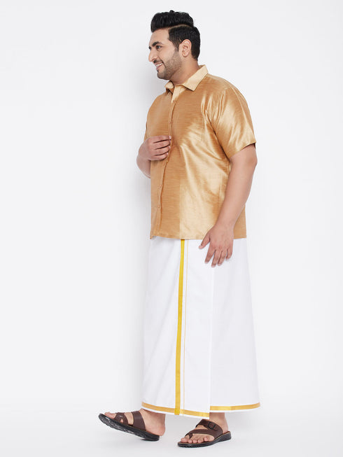 Vastramay Men's Plus Size Rose Gold And White Silk Blend Shirt And Mundu Set