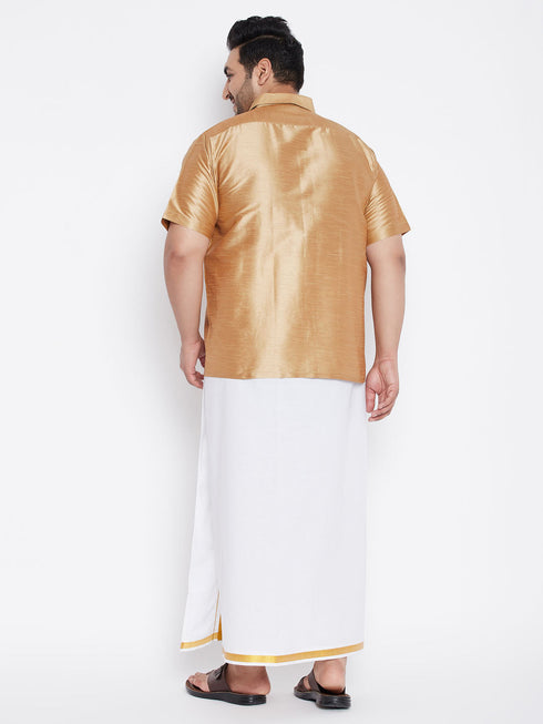 Vastramay Men's Plus Size Rose Gold And White Silk Blend Shirt And Mundu Set