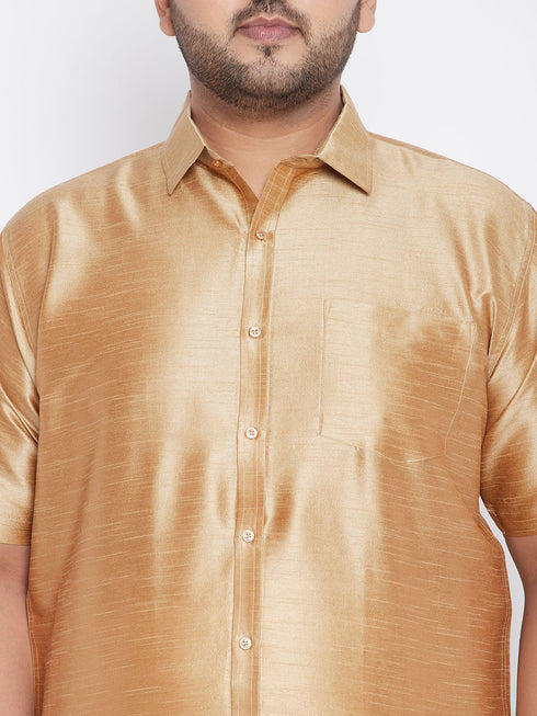 Vastramay Men's Plus Size Rose Gold And White Silk Blend Shirt And Mundu Set