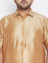 Vastramay Men's Plus Size Rose Gold And White Silk Blend Shirt And Mundu Set