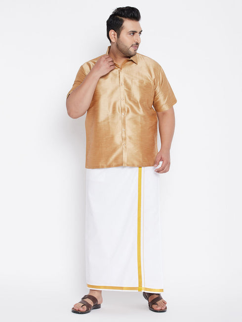 Vastramay Men's Plus Size Rose Gold And White Silk Blend Shirt And Mundu Set
