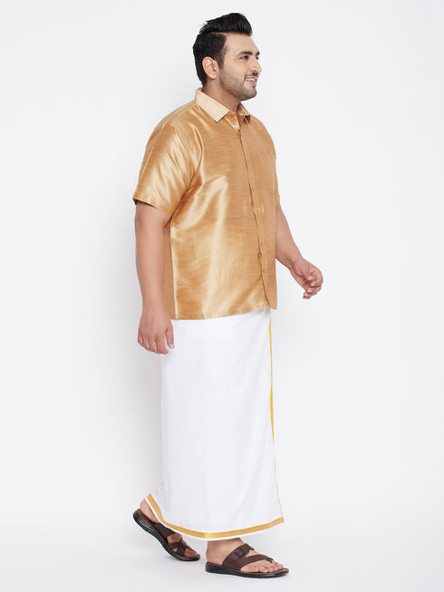 Vastramay Men's Plus Size Rose Gold And White Silk Blend Shirt And Mundu Set