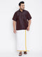 Vastramay Men's Plus Size Wine And White Silk Blend Shirt And Mundu Set