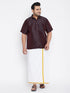 Vastramay Men's Plus Size Wine And White Silk Blend Shirt And Mundu Set