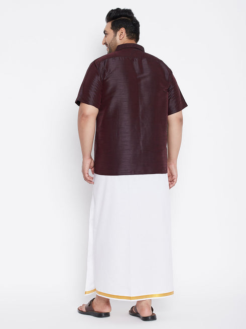 Vastramay Men's Plus Size Wine And White Silk Blend Shirt And Mundu Set