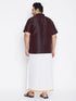 Vastramay Men's Plus Size Wine And White Silk Blend Shirt And Mundu Set