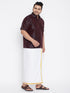 Vastramay Men's Plus Size Wine And White Silk Blend Shirt And Mundu Set