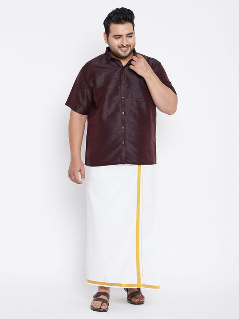 Vastramay Men's Plus Size Wine And White Silk Blend Shirt And Mundu Set