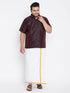 Vastramay Men's Plus Size Wine And White Silk Blend Shirt And Mundu Set
