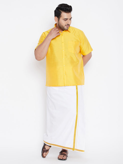 Vastramay Men's Plus Size Yellow And White Silk Blend Shirt And Mundu Set