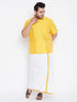 Vastramay Men's Plus Size Yellow And White Silk Blend Shirt And Mundu Set