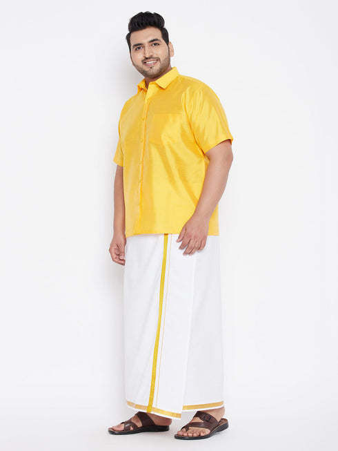 Vastramay Men's Plus Size Yellow And White Silk Blend Shirt And Mundu Set