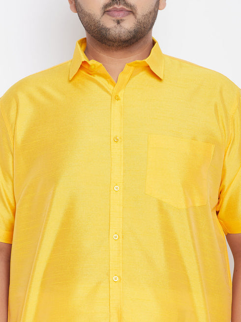 Vastramay Men's Plus Size Yellow And White Silk Blend Shirt And Mundu Set