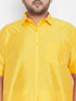 Vastramay Men's Plus Size Yellow And White Silk Blend Shirt And Mundu Set
