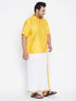 Vastramay Men's Plus Size Yellow And White Silk Blend Shirt And Mundu Set