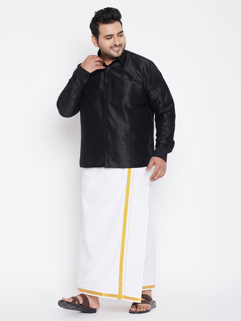 Vastramay Men's Plus Size Black And White Silk Blend Shirt And Mundu Set