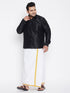 Vastramay Men's Plus Size Black And White Silk Blend Shirt And Mundu Set