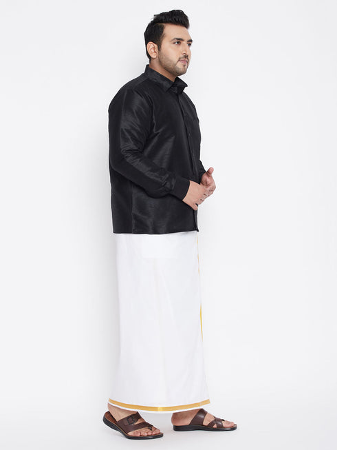 Vastramay Men's Plus Size Black And White Silk Blend Shirt And Mundu Set