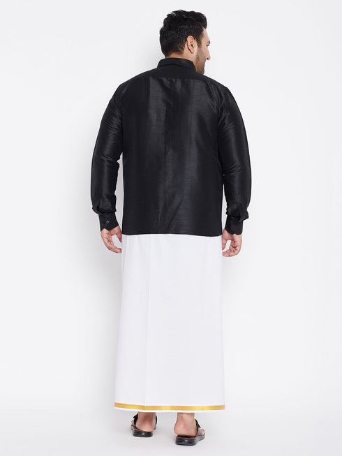 Vastramay Men's Plus Size Black And White Silk Blend Shirt And Mundu Set