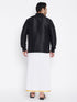 Vastramay Men's Plus Size Black And White Silk Blend Shirt And Mundu Set