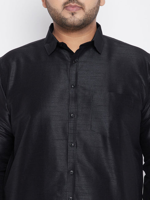 Vastramay Men's Plus Size Black And White Silk Blend Shirt And Mundu Set