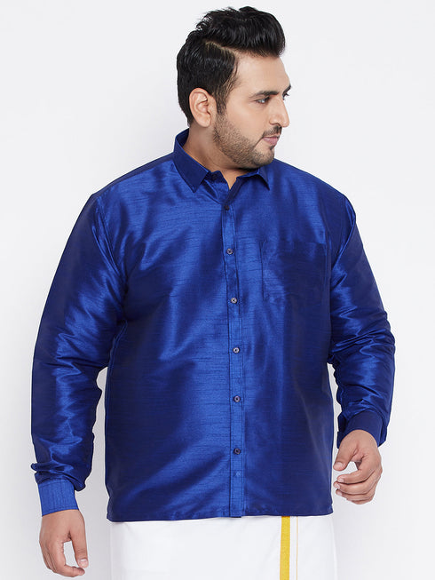 Vastramay Men's Plus Size Blue Silk Blend Ethnic Shirt