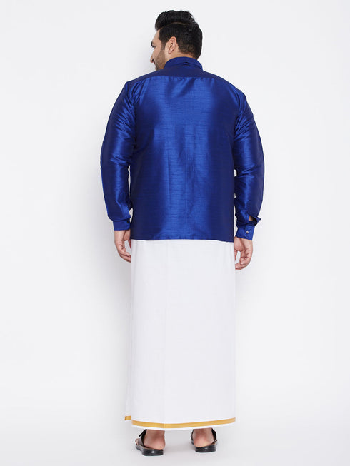 Vastramay Men's Plus Size Blue And White Silk Blend Shirt And Mundu Set