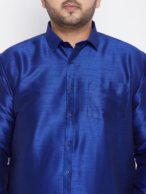 Vastramay Men's Plus Size Blue And White Silk Blend Shirt And Mundu Set