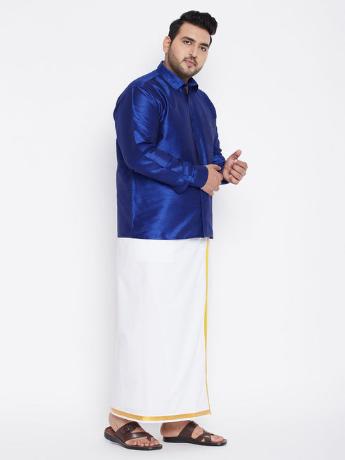 Vastramay Men's Plus Size Blue And White Silk Blend Shirt And Mundu Set