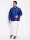 Vastramay Men's Plus Size Blue And White Silk Blend Shirt And Mundu Set