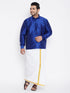 Vastramay Men's Plus Size Blue And White Silk Blend Shirt And Mundu Set
