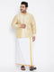 Vastramay Men's Plus Size Gold And White Silk Blend Shirt And Mundu Set