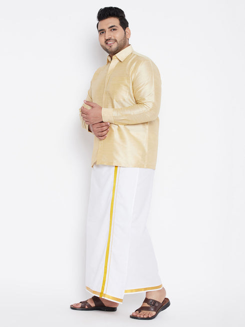 Vastramay Men's Plus Size Gold And White Silk Blend Shirt And Mundu Set