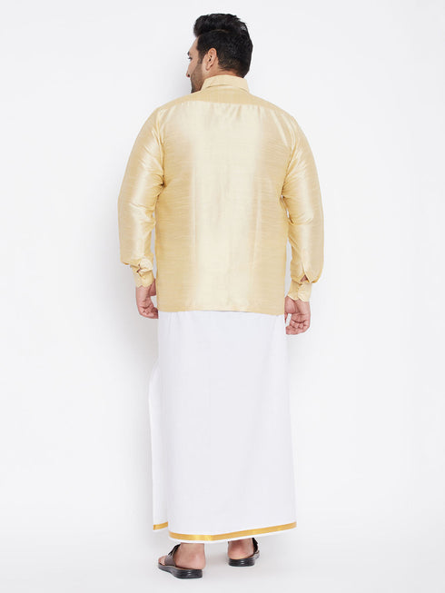 Vastramay Men's Plus Size Gold And White Silk Blend Shirt And Mundu Set