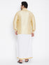 Vastramay Men's Plus Size Gold And White Silk Blend Shirt And Mundu Set