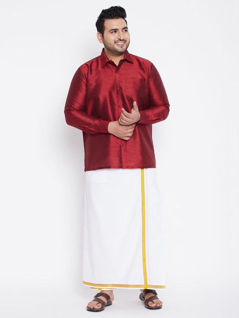 Vastramay Men's Plus Size Maroon And White Silk Blend Shirt And Mundu Set