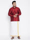 Vastramay Men's Plus Size Maroon And White Silk Blend Shirt And Mundu Set