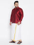 Vastramay Men's Plus Size Maroon And White Silk Blend Shirt And Mundu Set