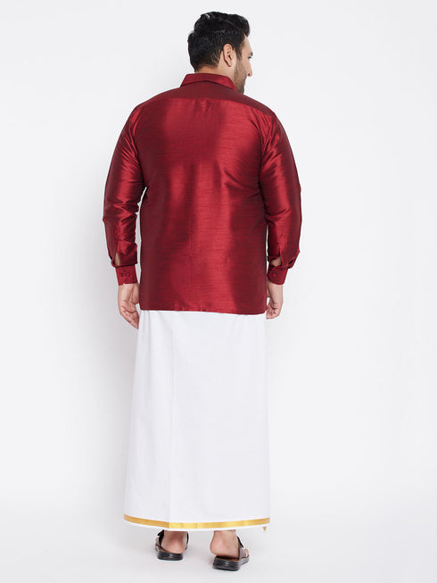 Vastramay Men's Plus Size Maroon And White Silk Blend Shirt And Mundu Set