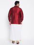 Vastramay Men's Plus Size Maroon And White Silk Blend Shirt And Mundu Set