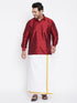 Vastramay Men's Plus Size Maroon And White Silk Blend Shirt And Mundu Set