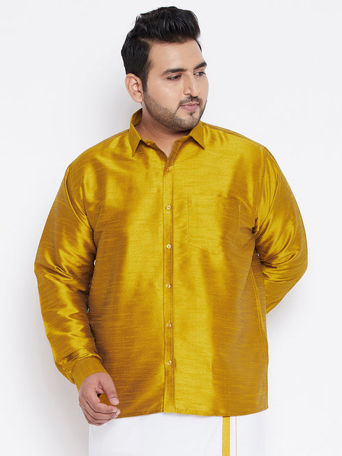 Vastramay Men's Plus Size Mustard Silk Blend Ethnic Shirt