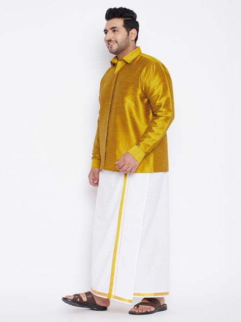 Vastramay Men's Plus Size Mustard And White Silk Blend Shirt And Mundu Set