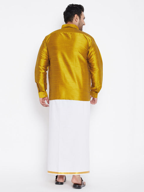 Vastramay Men's Plus Size Mustard And White Silk Blend Shirt And Mundu Set