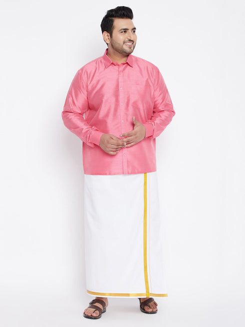 Vastramay Men's Plus Size Pink And White Silk Blend Shirt And Mundu Set