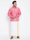 Vastramay Men's Plus Size Pink And White Silk Blend Shirt And Mundu Set