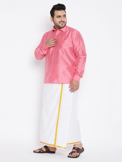 Vastramay Men's Plus Size Pink And White Silk Blend Shirt And Mundu Set